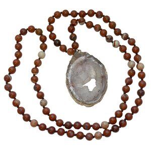 Geode Slice Pendant Red Jasper Bead Necklace Gold Edging
